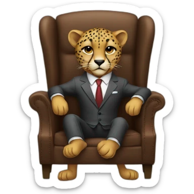 A cheetah wearing a suit looking straight while sitting in a chair sticker
