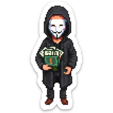A man in black clothes with an Anonymous mask, holding money, ember text sticker