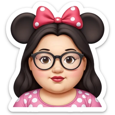 Chubby Woman glasses Long dark hair Minnie mouse ears sticker