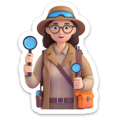 Curious professional woman explorer with glasses, modern outdoor equipment, single magnifying glass, stylized 3d look sticker