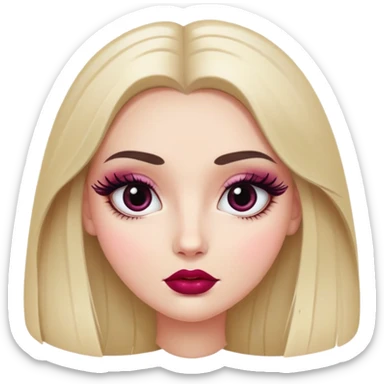 White girl with oval face, huge round black eyes, big eyelashes, berry colored lips, shiny full lips, face closeup, long straight middle-parted hair sticker