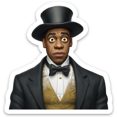 Warcraft intellectual Jay Z in Uncle Scrooge style, oil paint, mysterious eyes, intricate lips, masterpiece pose, odd perspective, beautiful, desirable, logical sticker