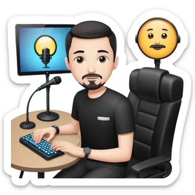 a setup of a youtuber, white skin, thin goatee, black short hair, with a desktop pc on a table, a gaming chair, microphone, ring light sticker