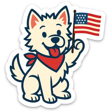 happy Westie dog waving a small US flag, energetic patriotic, vibrant toon style sticker