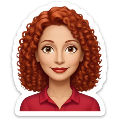Puerto Rican actress in her 50s with elongated face, soft features, highlighted cheekbones, friendly warm smile, medium almond-shaped brown eyes, defined medium eyebrows, straight fine nose, medium lips with accessible smile, vibrant red curly hair with artistic styling, wearing a solid red blouse sticker