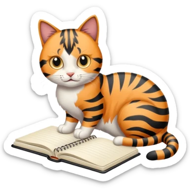 gatita con manchas negras atigradas viendo una libreta anillada sticker