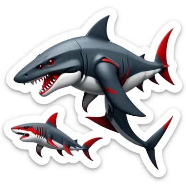 Realistic dark edgy futuristic modern advanced Sharpedo-Houndoom-Garchomp-Gabite-Scizor-sergal-hybrid-animal creature with a shark-tail and red scars, full body, with cool sharp markings  sticker