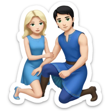 prince, upright, black Hair, blue eyes, blue garment,  Woman, blonde Hair, Green eyes, bending knee, sleveless White Dress, sticker