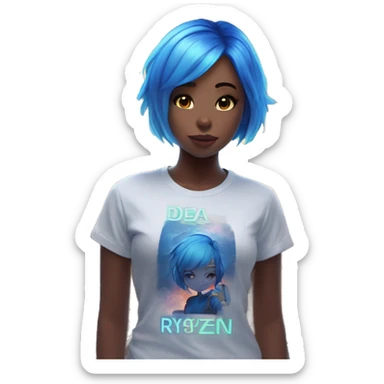Beautiful anime girl with short blue hair near the city that glows very strongly and the inscription on the T-shirt dea "Ryzen" sticker
