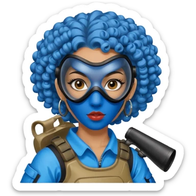 blue curly haired paintball playergirl with huge earrings, wearing paintball mask sticker