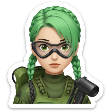 paintball player face girl braided green hair sticker