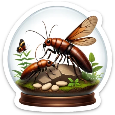 Close-up of giant Madagascar hissing cockroaches, butterflies, and stick insects inside a terrarium, with detailed textures of their bodies, wings, and legs. Soft lighting highlights their features. Transparent background. sticker