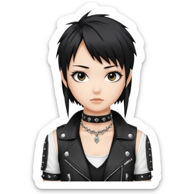 A asian girl with Black eyes and black straight hair with a bob with a black spiked chocker with white tank top with a black leather jacket on in anime style sticker