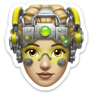 Caucasian female cyborg head with Neon yellow bobbed hair, silver steampunk goggles and circuits sticker