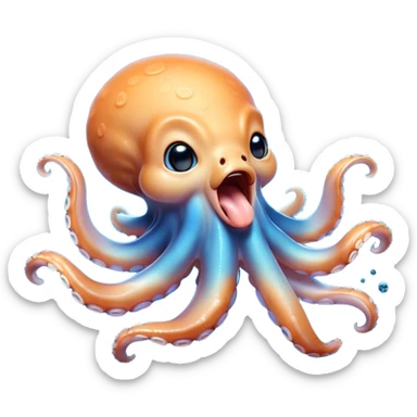 Cinematic Cute Yawning Octopus Portrait Emoji, Head tilted slightly with a dramatic, wide-open yawn, showcasing a plump, light orange body decorated with delicate blue rings and loosely draped arms with sleepy, half-closed eyes, Simplified yet irresistibly adorable features, highly detailed, glowing with a soft, cozy underwater glow, high shine, relaxed yet expressive, stylized with a hint of whimsical aquatic charm, soft glowing outline, capturing the essence of a drowsy yet affectionate octopus that appears ready to stretch and yawn its way out of the screen! sticker