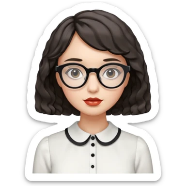 young woman with wavy French bob haircut, black round eyes, white square glasses, peplum blouse sticker