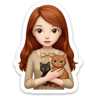 a beautiful girl with long red and brown hair, clear brown eyes, in a beige dress and with a beige bow holds two black cat in her hands sticker