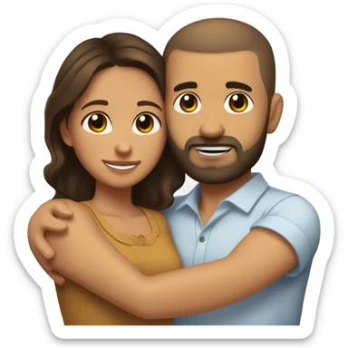 Brown-haired Puerto Rican woman with dark brown eyes wearing a cute blouse giving comforting hug to short, bald man with brown eyes, laugh lines, and a beard sticker