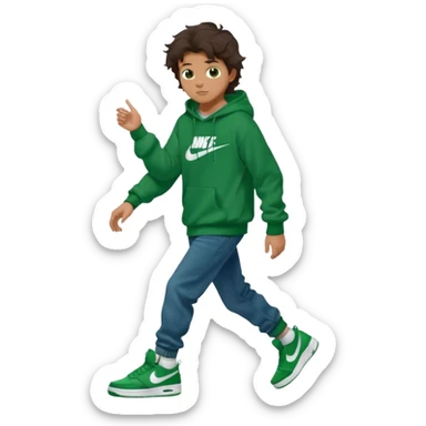a 14 year old slightly tanned teenage boy with dark brown tousled wavy hair, dark brown eyes wearing a green tshirt, a dark green hoodie, blue jeans and green nike air jordans sticker
