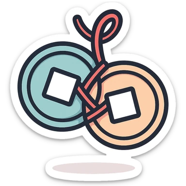 pair of Chinese coins with square holes tied with a red thread, icon-color-outlined style, detailed shadows and highlights, thin clean outlines, soft rounded shapes, pastel palette #98B5BC, #B5B3C1, #C9A3C9, #E4C0CA, #F7DCD1, #F7C0AA, modern Japanese pop art and sticker aesthetic, high detail, vector sharpness, soft lighting, transparent background sticker