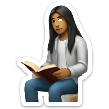 Male Peruvian teen with long straight hair reading a book in a library sticker