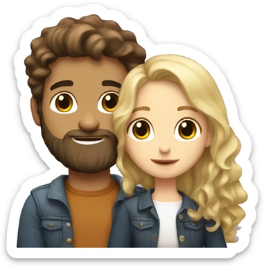 Brunette girl with Brown wavy hair hugging blond boy and white skin whit a beard lovingly couple sticker