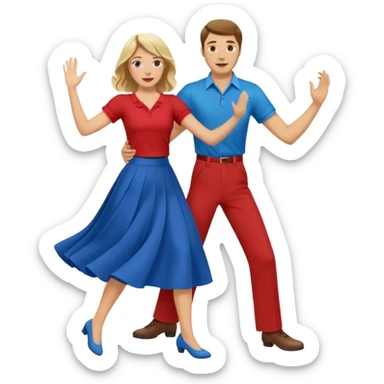 Two people. Man in red shirt and  red pants with brown hair. Women in blue shirt and long skirt with blond hair. Swing Dancing sticker