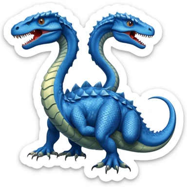 blue hydra, strong reptilian body, like a dinosaure, not like a snake,  with 3 serpent-like heads rising from its neck sticker