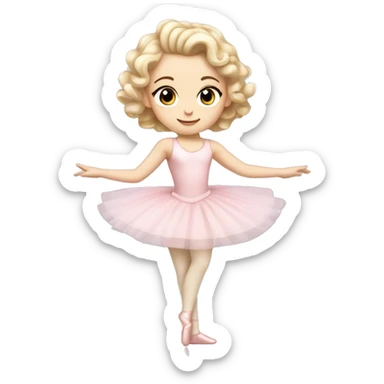 little girl with pale skin curly blonde hair and brown eyes wearing a light pink ballet outfit doing a ballet pose sticker