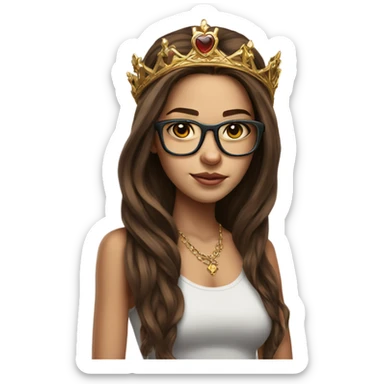 Hyperrealistic girl with long brown hair wearing a crown and glasses tattoos laptop sticker