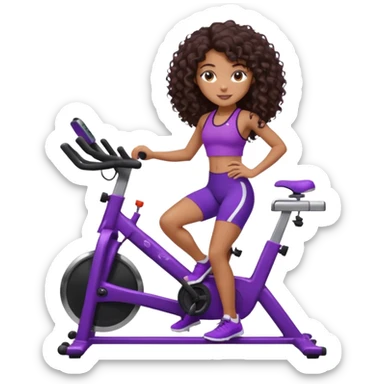 African American girl with long dark brown curly hair, purple workout set leaning on a indoor spin bike with NO HELMET,  sticker