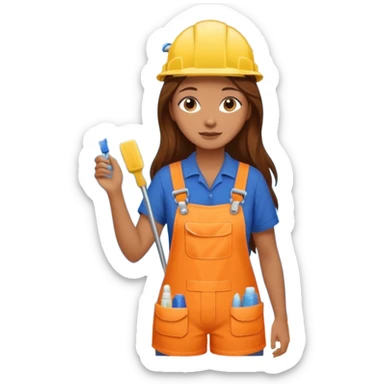 beautiful girl with long brown hair constructing new bathroom area with new shower and amenities  sticker