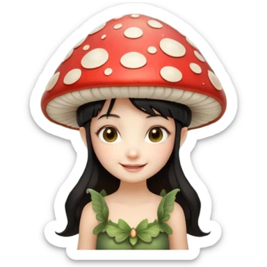 mushroom fairy portrait, head and shoulders only, wearing a large mushroom cap hat, tiny glowing wings visible behind shoulders, cute magical smile, forest fantasy vibe, 3D cartoon, mobile game icon style, clean background, no text, no watermark.balck hair sticker