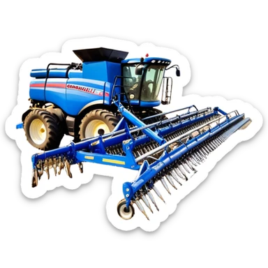 Bourgault 3420 Paralink Hoe Drill (2022) – Cinematic-realistic Bourgault 3420 Paralink Hoe Drill, its massive blue frame stretching across the vast fields. The powerful machine plants seeds with pinpoint accuracy as the sun rises over the horizon, golden dust swirling in the crisp morning air. sticker