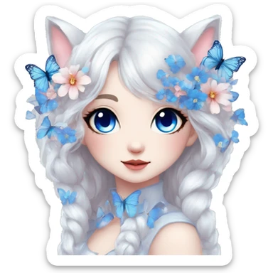 Edgy Cute Cool Kawaii gorgeous sparkly ethereal white fantasy animal with blue eyes sona with flowers and butterflies beautiful aesthetic sticker