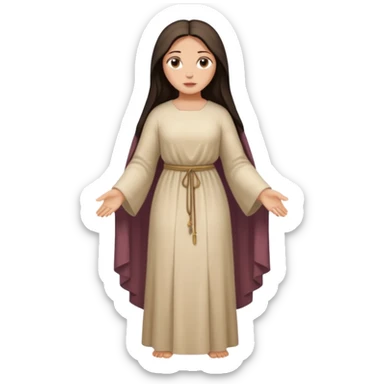 fullbody Mary Magdalene, voluptuous and strong, very pretty detailed face, plain light tan biblical dress, arms down, no hood, dark hair sticker