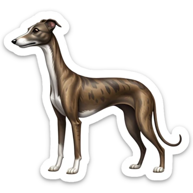 cinematic-[brindle greyhound]-realistic-full-body-standing-emoji,-tail-resting-loosely-beside-its-paws,-head-tilted-dramatically, -sleek-[dark brindle]-fur,-simplified-yet-realistic-focused-features,-highly-detailed,-glowing-with-an-almost-sarcastic-glow sticker