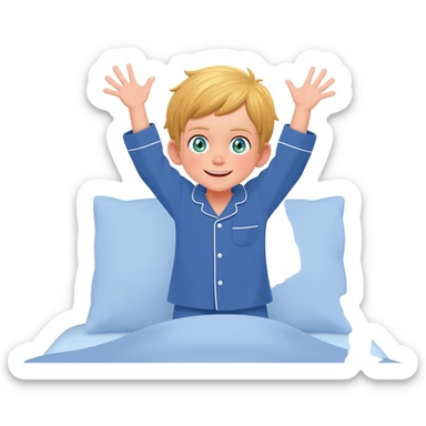 Use the same 3 year old blonde boy with green-blueish eyes, it should be the same boy as before  happy with plain blue pajamas raising both arms up, on the bed sticker