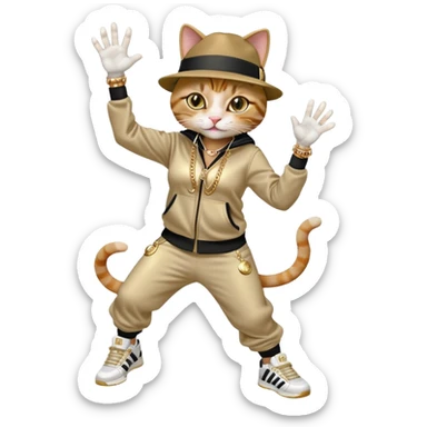 female cat wearing Run DMC hip-hop outfit with tracksuit, fedora, Adidas sneakers, many gold chains, rings, bracelets, flashy earrings, reaching up and catching a ball high in the air, no sunglasses sticker