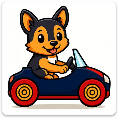 Change the racecar to dark blue and red, keep the black and tan terrier driving. The style is cartoonish sticker style. sticker