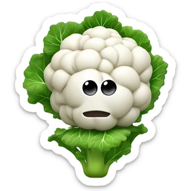 Create a 3D emoji of a cauliflower character with a mysterious face and big shiny eyes 👀. The character is surrounded by a few green leaves 🍃, has leafy hands holding a small mirror 🪞, and is floating in the air without visible legs. Background is white. sticker