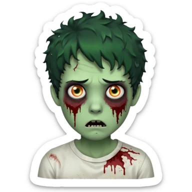 zombie character with green skin, messy short curly black hair, and no glasses. Give him large expressive eyes, a slightly frightened or eerie expression, subtle wounds, dark under-eye shadows, and a few cracks or dried blood marks on the face.  white shirt and without bleeding eyes **BLACK HAIR** sticker
