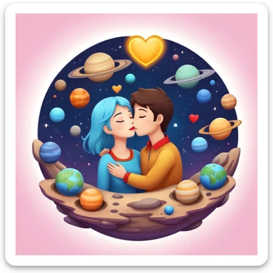 Solar system with heart-shaped planets and couples kissing, cute characters embracing on different planets, colorful cosmic scene sticker