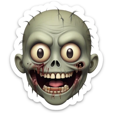 Cinematic Comical Zombie Portrait Emoji, with a grotesquely exaggerated yet playful decaying face in muted ashen tones, head cocked in a dramatically shocked expression with wildly comical, googly eyes and a gaping, silly grin revealing quirky stitches, simplified yet hilariously expressive, highly detailed with a soft eerie glowing outline capturing the absurd humor of a zombie in comic disbelief! sticker