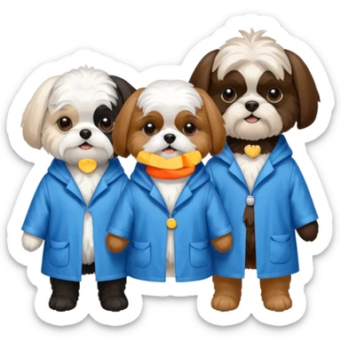 3 dogs wearing rain coats, one white maltese, 1 brown tri colour shihtzu and 1 black and white shitzu sticker