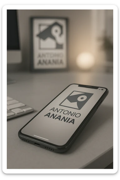 A photo of an iPhone with the message "Antonio Anania" on its screen, The phone sits atop a desk with a blurred background that suggests work environment. A faint glow from above casts gentle shadows across the surface of each object, creating depth and highlighting their textures. sticker