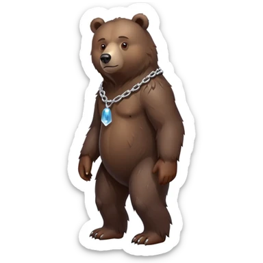 Dark brown bear in a slight walking pose, full body view on all four legs, realistic fur detail, serious expression, ice chain around neck sticker