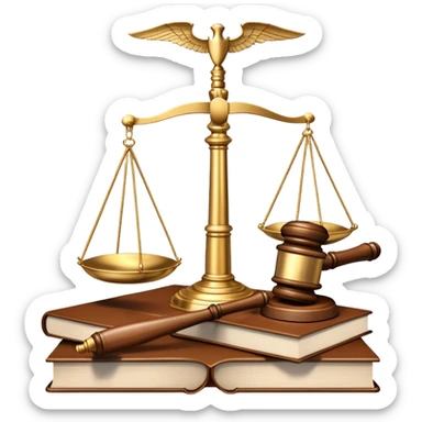An icon featuring a gavel, scales of justice, and legal books, symbolizing law. The design includes a courthouse building in the background, representing the legal system and justice. Transparent background highlights the authority and structure of the law. sticker