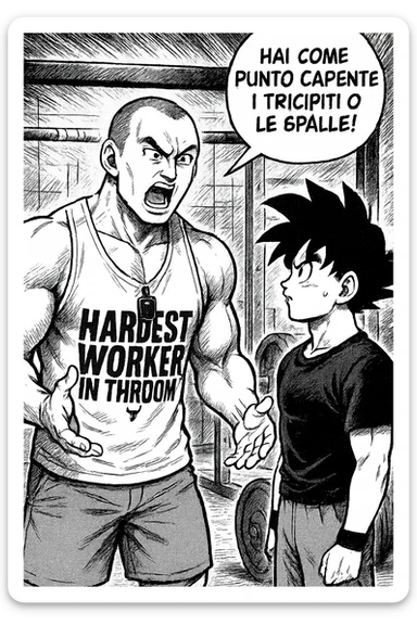 Personal trainer che dice al suo allievo, "hai come punto carente i tricipiti o le spalle!" Stile manga di Dragon Ball sticker