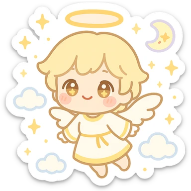 kawaii chibi angel with soft halo, tiny wings, golden eyes, blushing cheeks, pastel white and gold outfit, floating, dreamy expression, sparkles, clouds, celestial sticker sticker